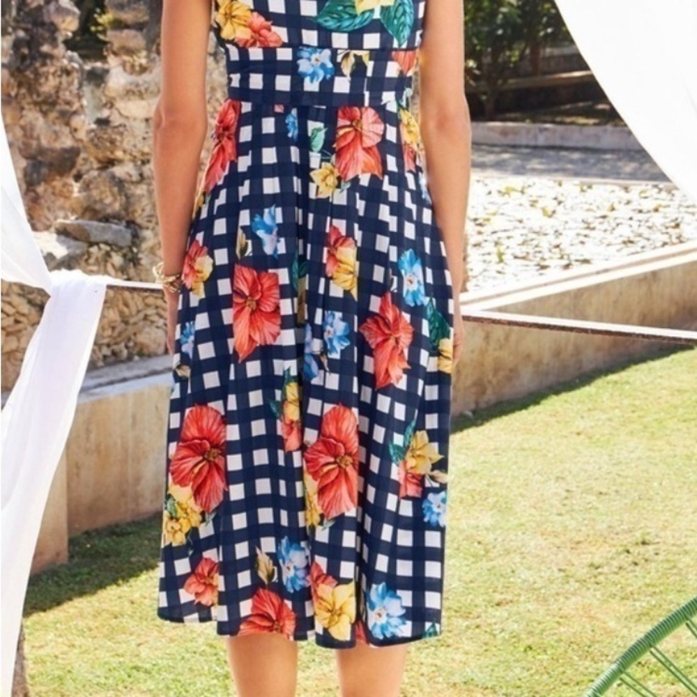 Boston Proper Navy Gingham Floral Midi Dress Sz 12 - Picture 2 of 11